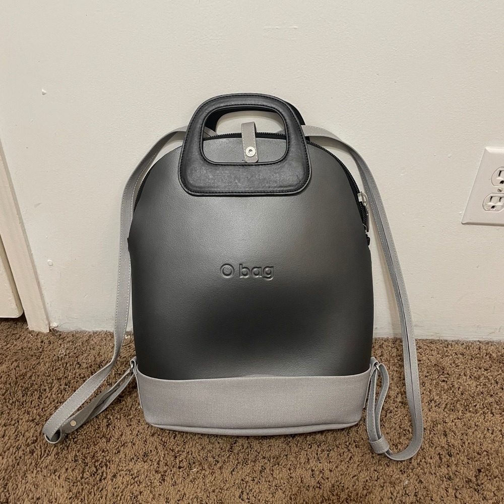 O bag Gray Faux Leather Backpack with Canvas Trim and Top Handle - Picture 6 of 6
